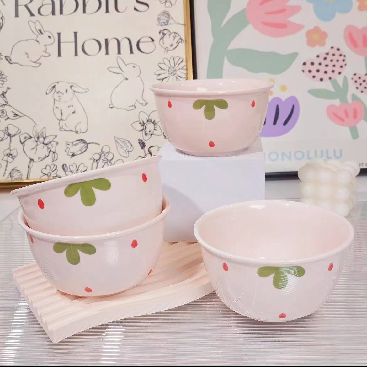 【4碗】陶瓷釉下彩奶油粉草莓米饭碗装汤碗家用吃饭碗套装米碗汤勺