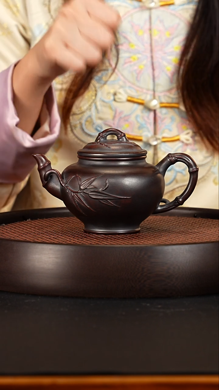 茶壶紫砂 宜兴紫砂壶铁血红砂柴烧竹报春360cc