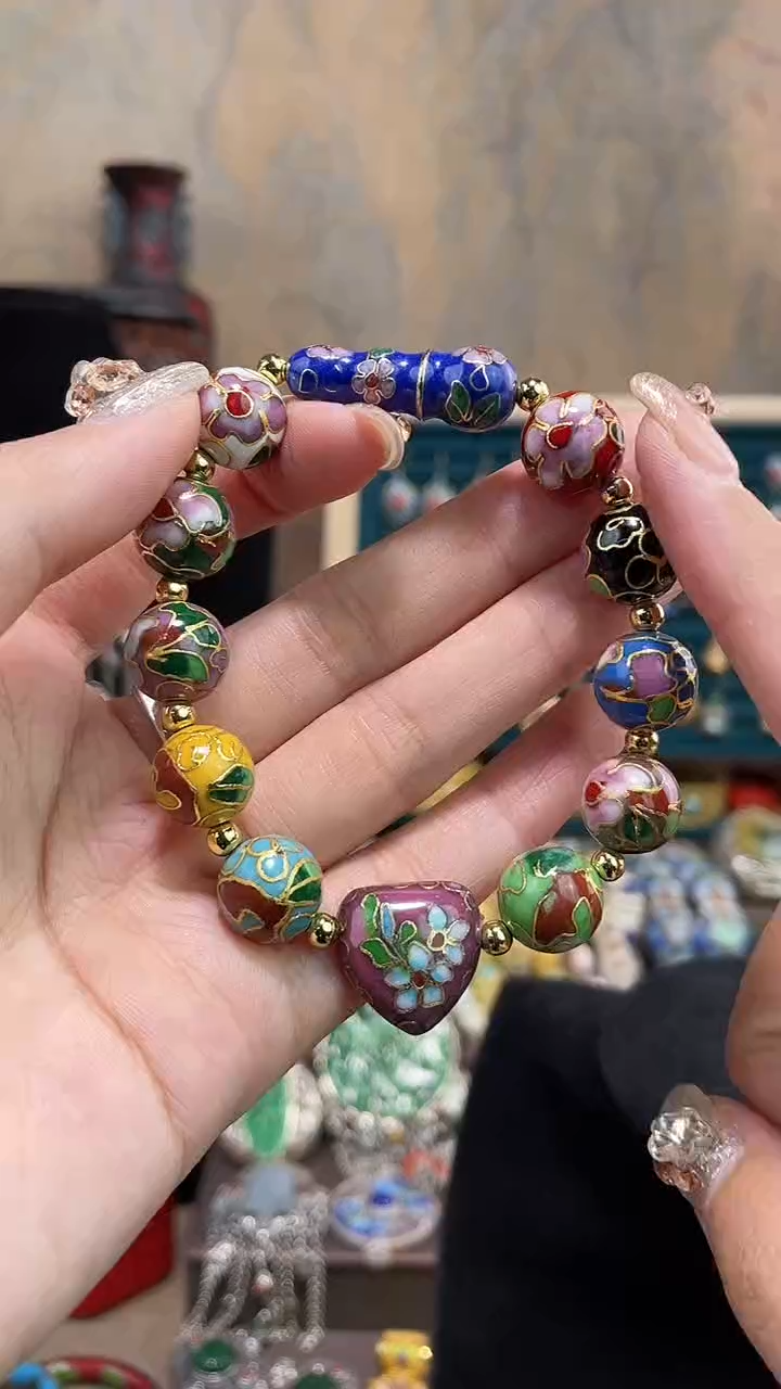 景泰蓝手串1.2多宝加葫芦加粉色心