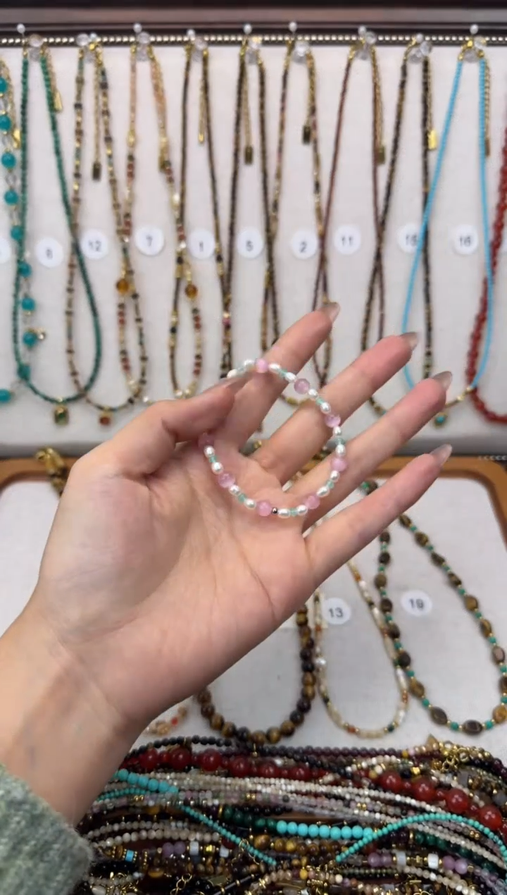 项链钛钢石英质玉手链粉色