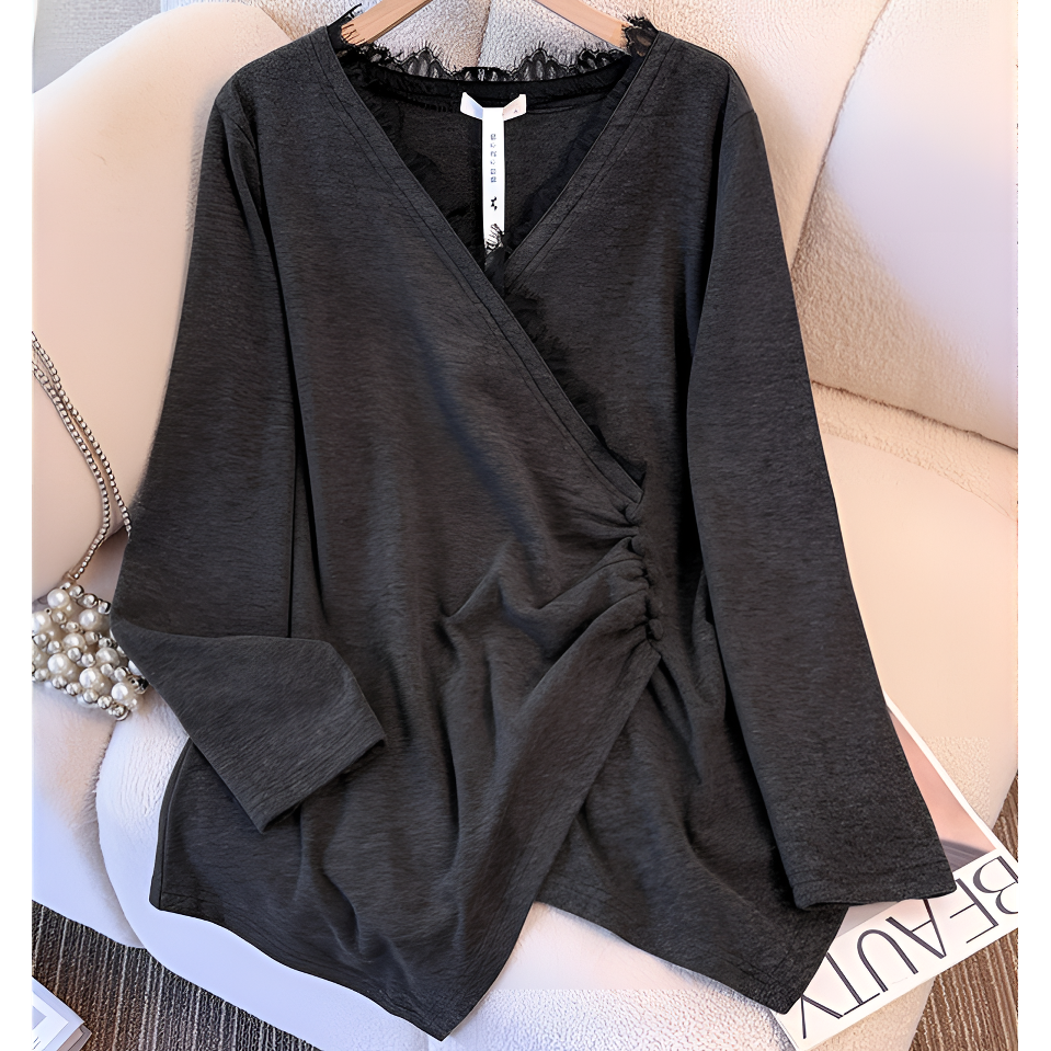YH-10237大码女装胖mm冬季新款蕾丝拼接设计感V领打底衫褶皱上衣