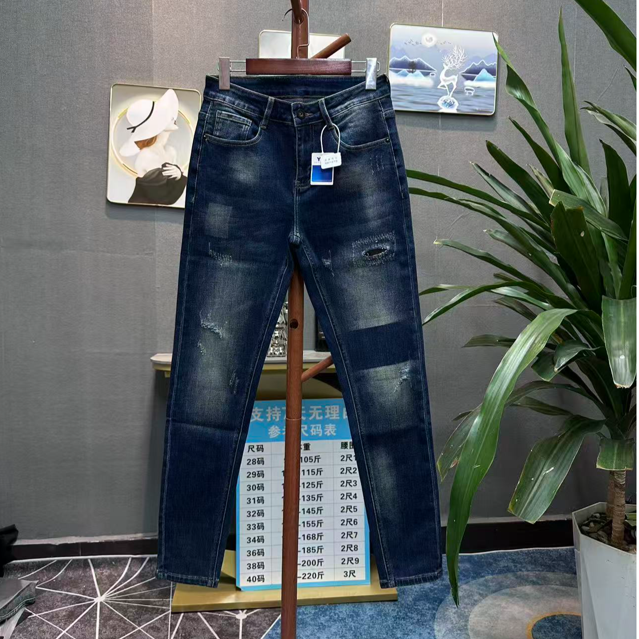 （九分裤/长裤）贴布破洞款弹力微锥修身小直筒牛仔裤男装