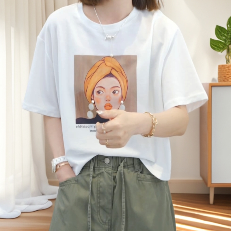 【珍珠少女】2025夏季新款时尚休闲气质T恤宽松短袖上衣印花