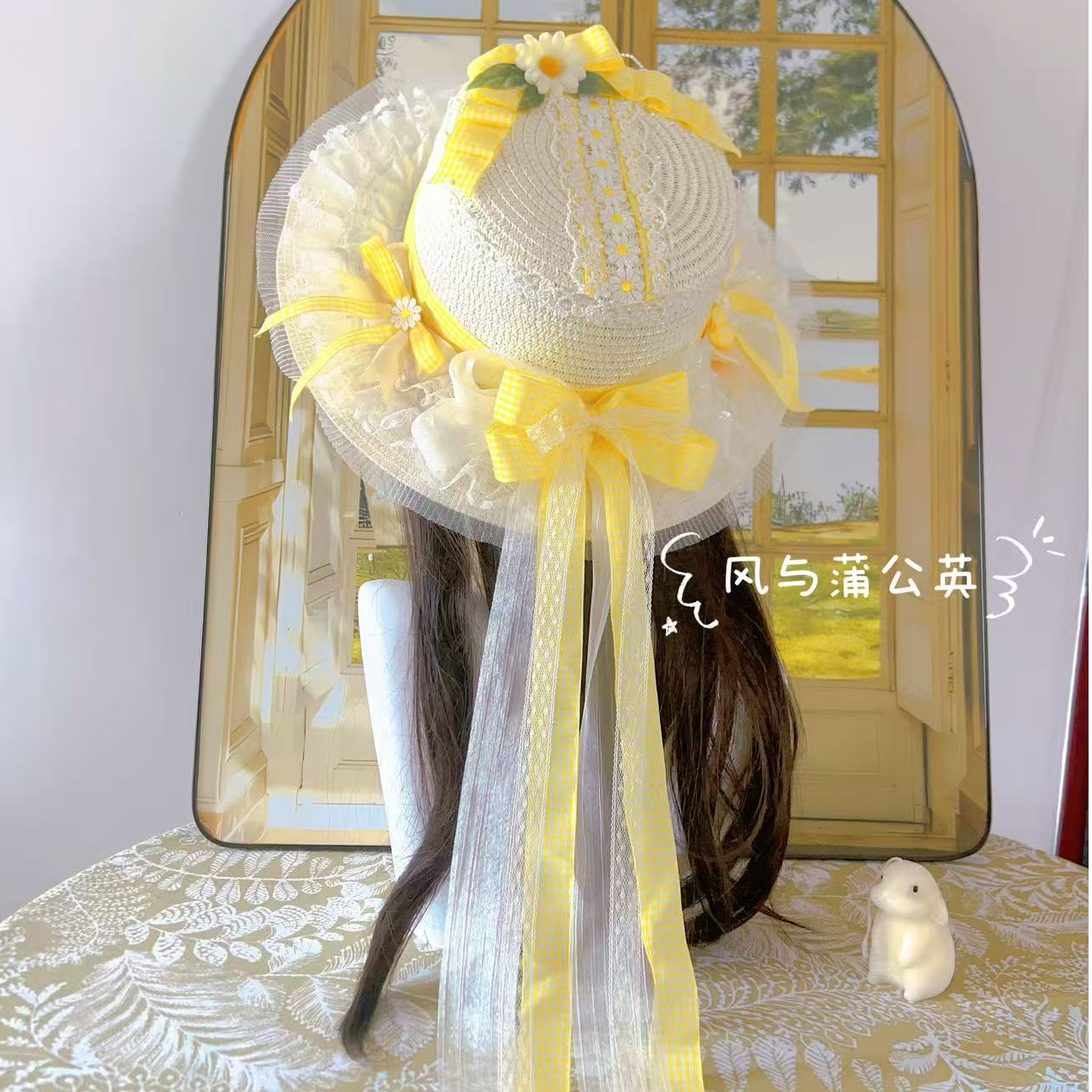 原创洛丽塔仙蒂瑞拉甜美逛街宽檐帽子草帽油画夏季纱裙百搭仙女