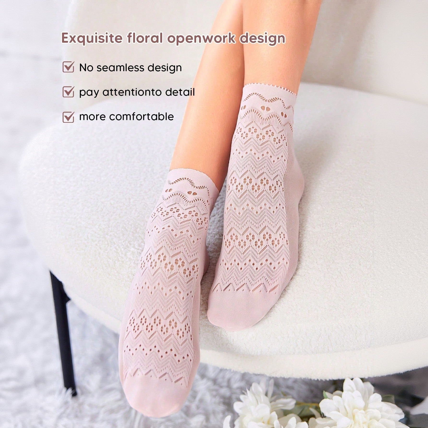 跨境返销粉色镂空短袜三双