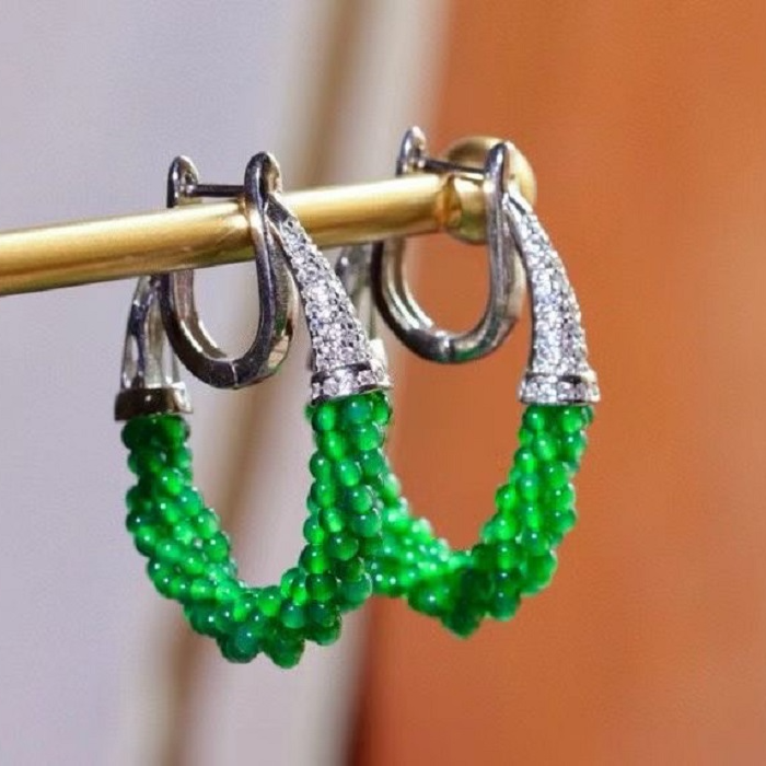 新中式天然缅甸翡翠A货阳绿色小米珠耳环时尚百搭女士珠珠耳饰