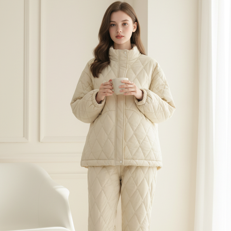 芬腾2025冬季新款夹棉睡衣女士雪呢绒加厚加绒三层纯色家居服套装