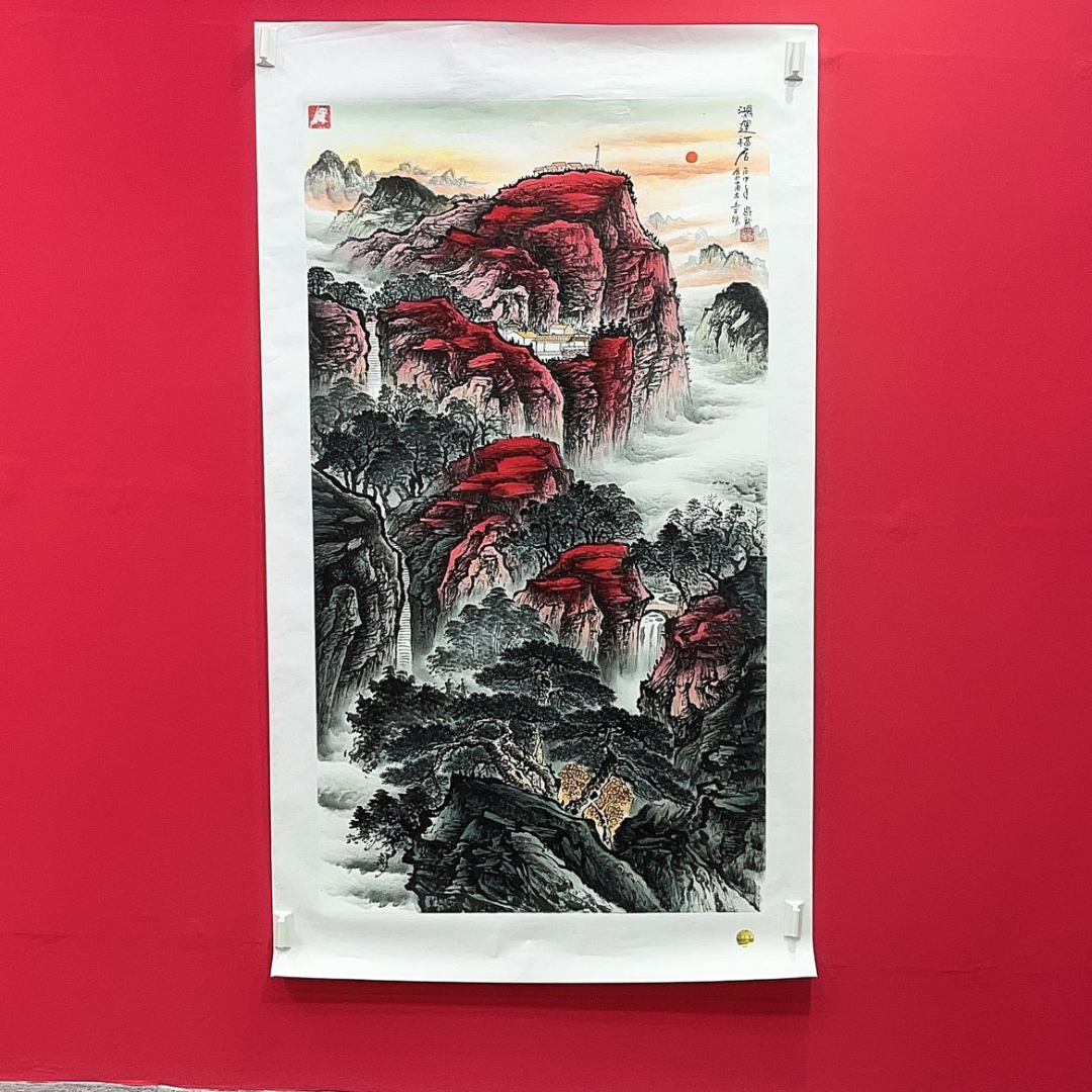 熊盛武手绘宣纸六尺竖幅鸿运福居山水画