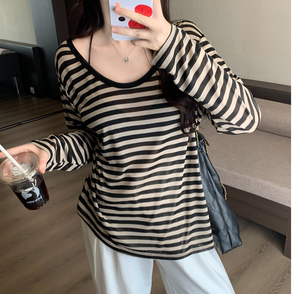 2025年大码女装夏季新款长袖条纹撞色防晒罩衫T恤3326