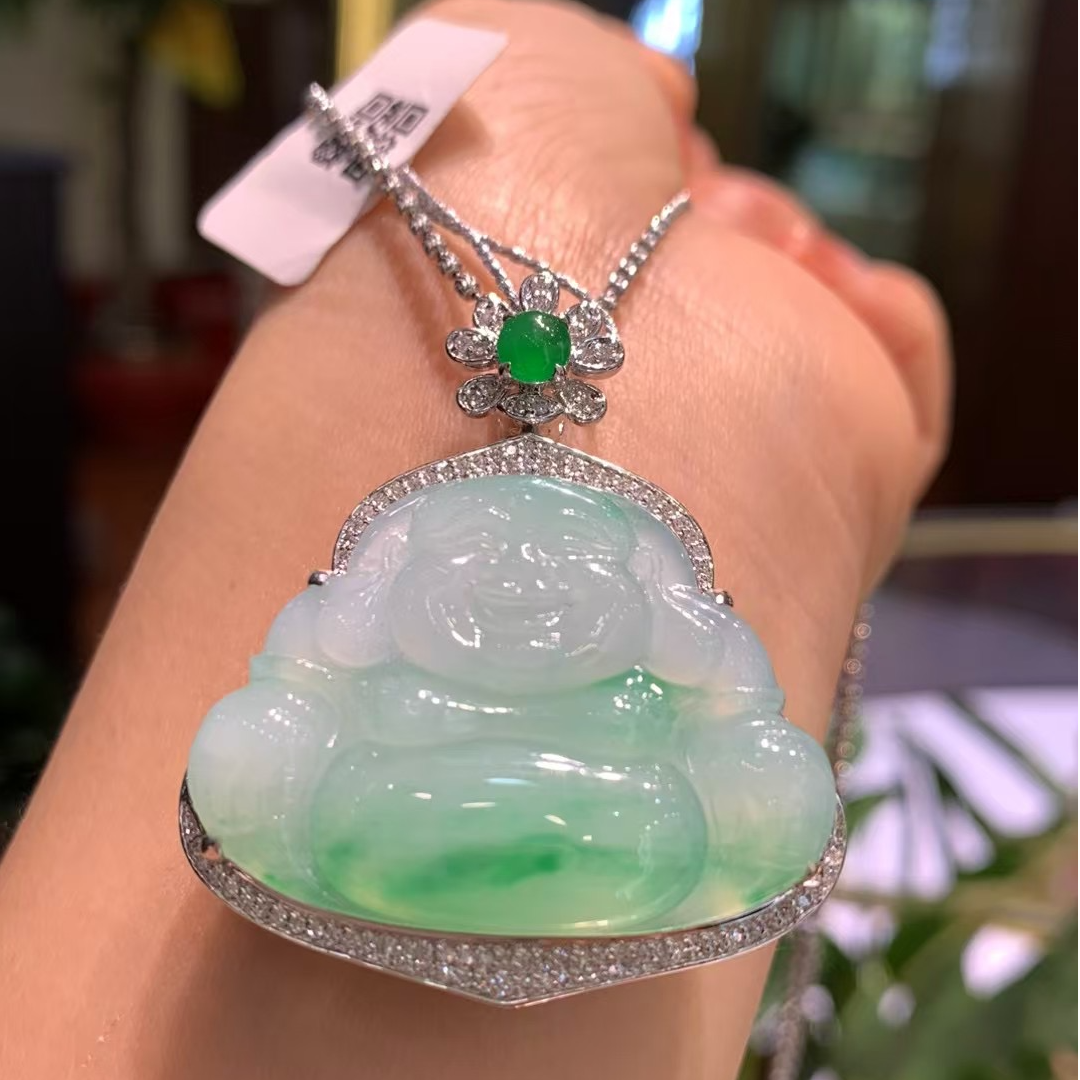 天然A货缅甸翡翠18K金镶嵌水润大尺寸大肚佛公吊坠780414