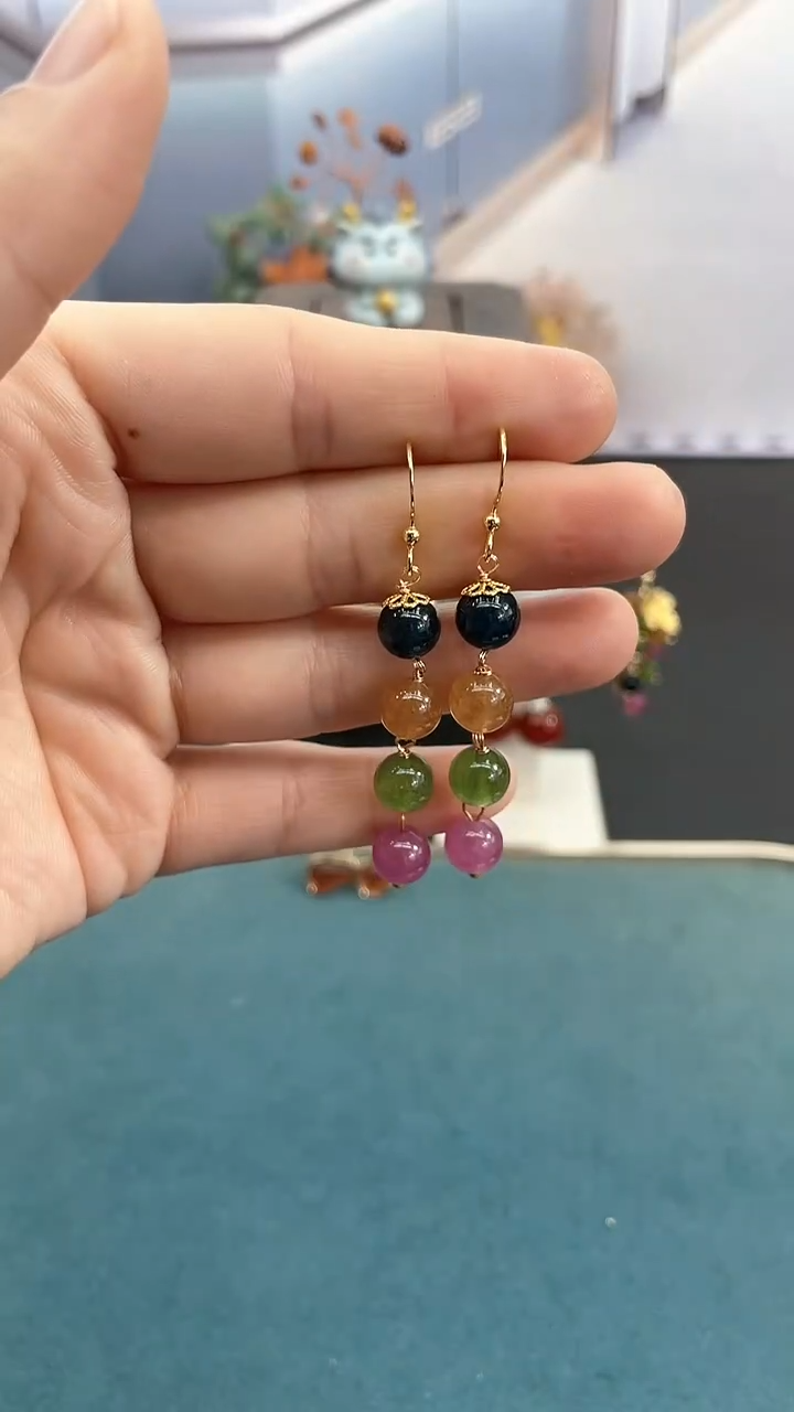 14K金镶嵌耳饰碧玺8mm*耳钩202