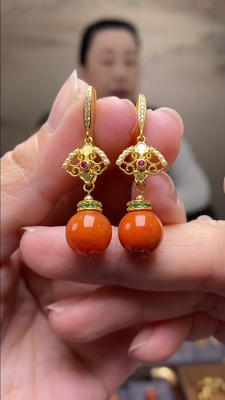 银S925镶嵌南红玛瑙耳饰K2599