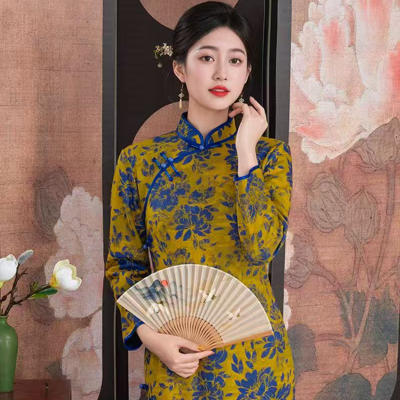 旷美旗韵日常低开衩厚款常规款中国风旗袍提花复古长款网红