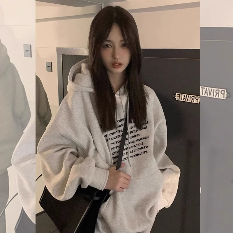 白灰色oversize百搭卫衣女连帽重磅小众外套秋冬季宽松慵懒风ins