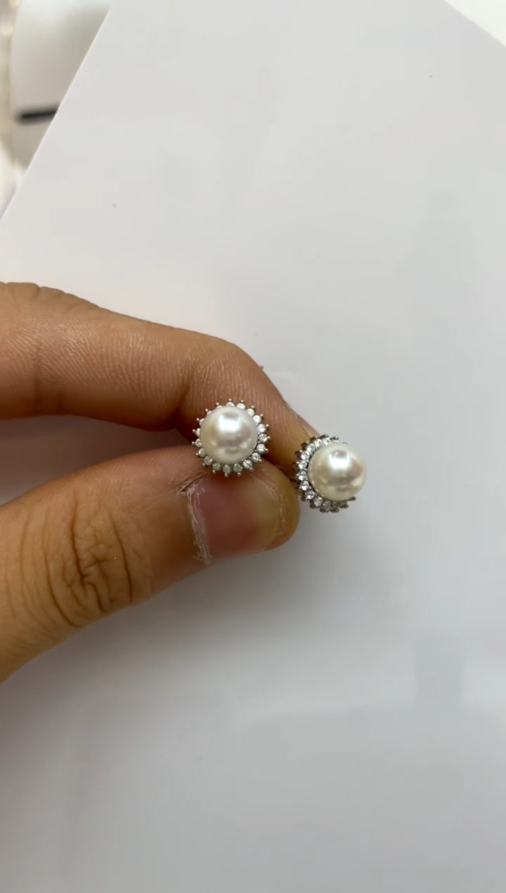 银S925镶嵌耳饰海水珍珠7-8