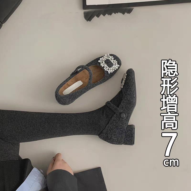 秋季方头袜靴加绒韩版玛丽珍鞋单鞋皮鞋保暖水钻粗跟