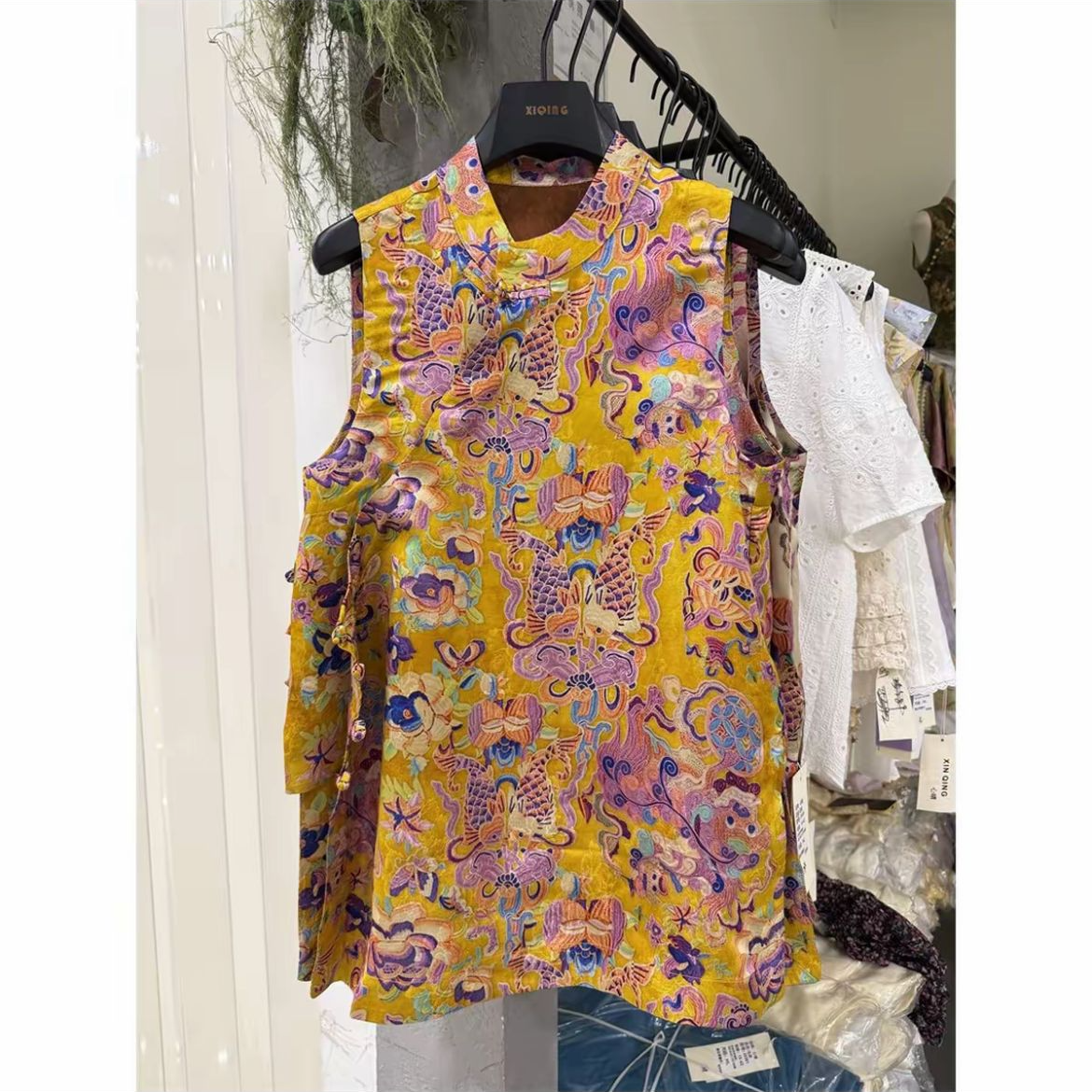 【锦鲤】印花中长款上衣提花印染夏季无袖套头薄款中式