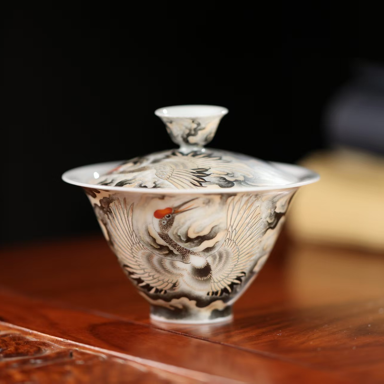 熊友根窑薄胎祥瑞描银飞碟盖碗三秋手工薄胎杯纯手工高档陶瓷鎏金