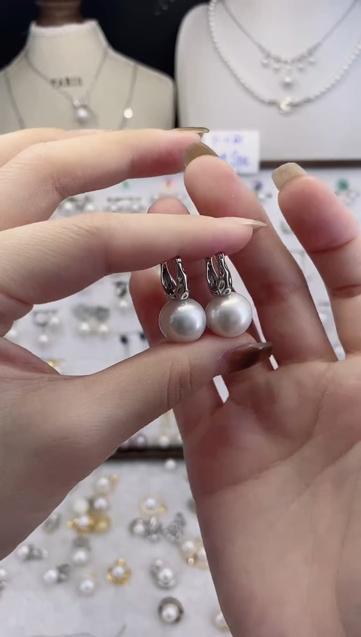 银S925镶嵌耳饰淡水珍珠东*枝043圆珠默认微瑕