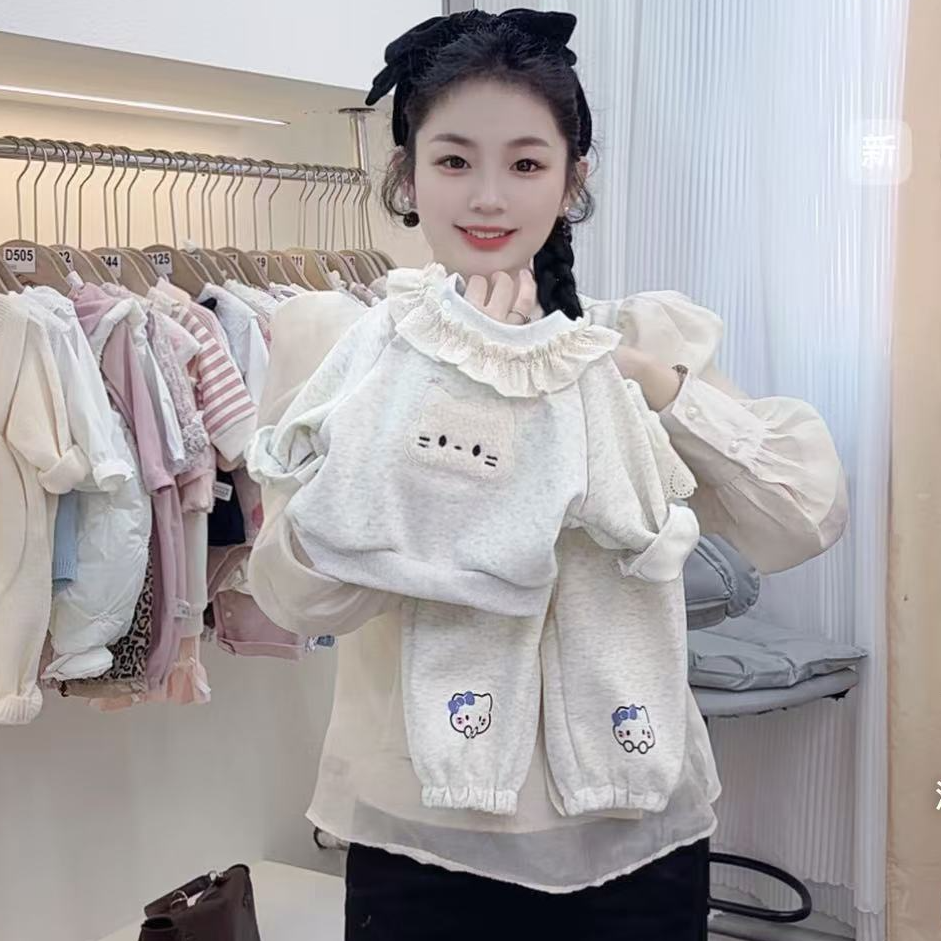 【加绒】秋冬女宝KT猫灰色卡通加绒花边保暖束腿裤两件套可爱超萌