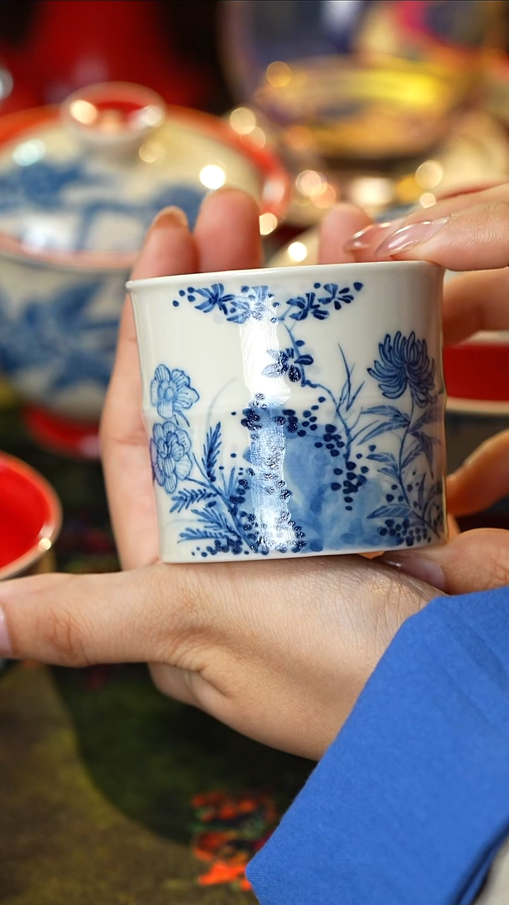 雨香斋柿子红花卉竹节杯60cc