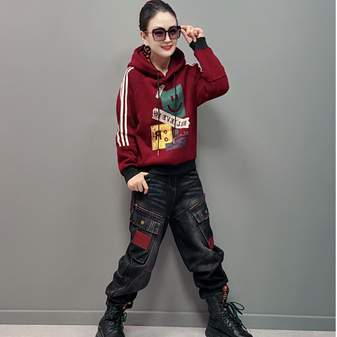 欧货新款时尚休闲减龄连帽加绒加厚卫衣 53601