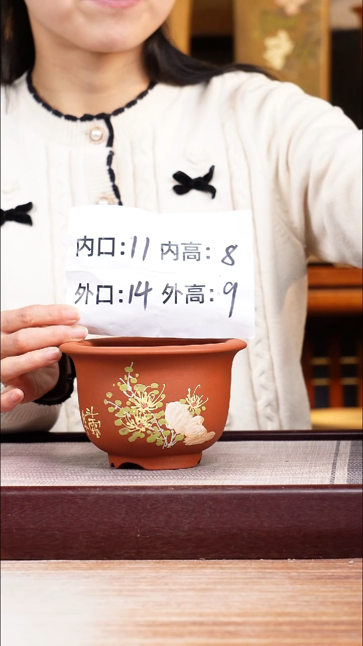 紫砂花盆清水泥绘菊迷你矮圆盆一只带色差托