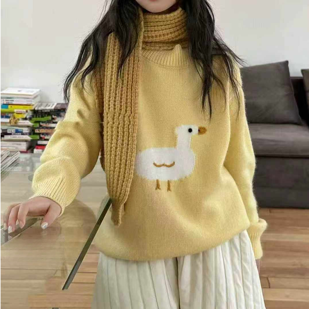 女童百搭韩版小黄鸭圆领加绒毛衣9910