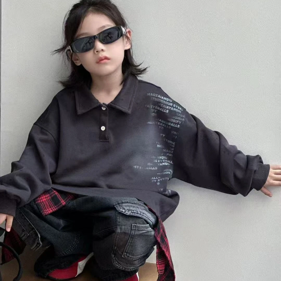 童装男童翻领卫衣2025冬季加绒装儿童长袖t恤中大童POLO领上衣