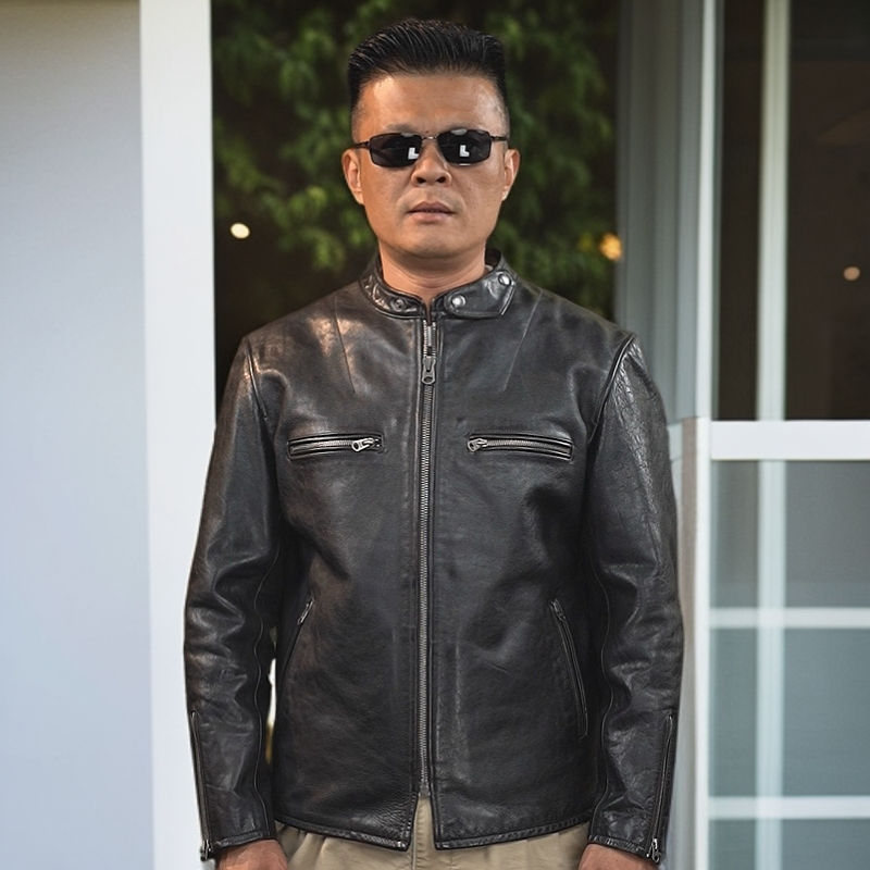 J100男士潮流时尚立领短款修身复古机车皮夹克头层牛皮皮衣男款