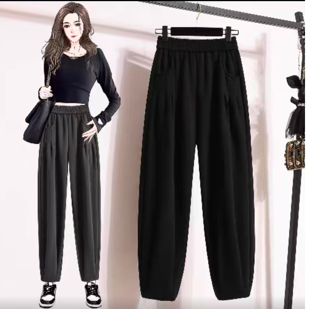 【艾萱萱】92396款黑色加绒束脚女士休闲裤约92