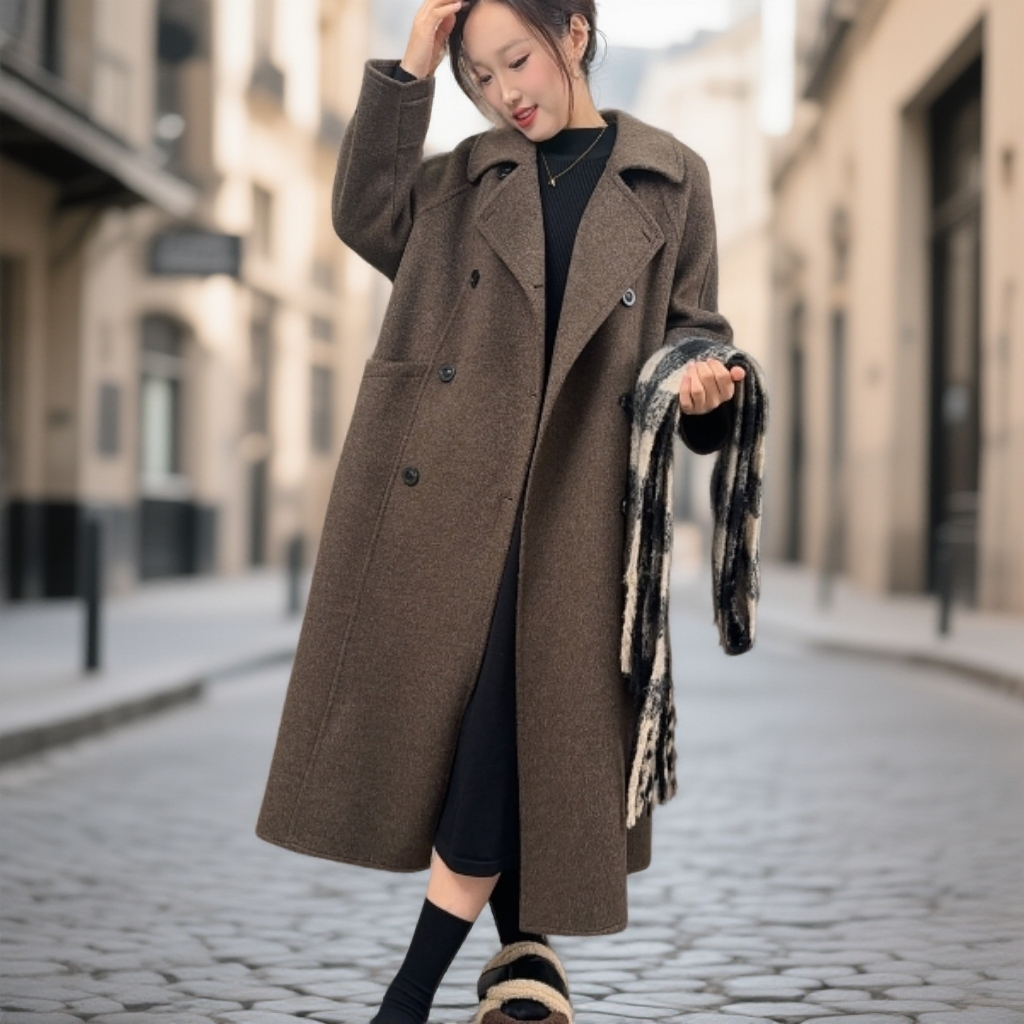 【莱赛尔天丝】秋冬新款加厚双绵羊毛大衣长款遮肉显瘦毛呢外套