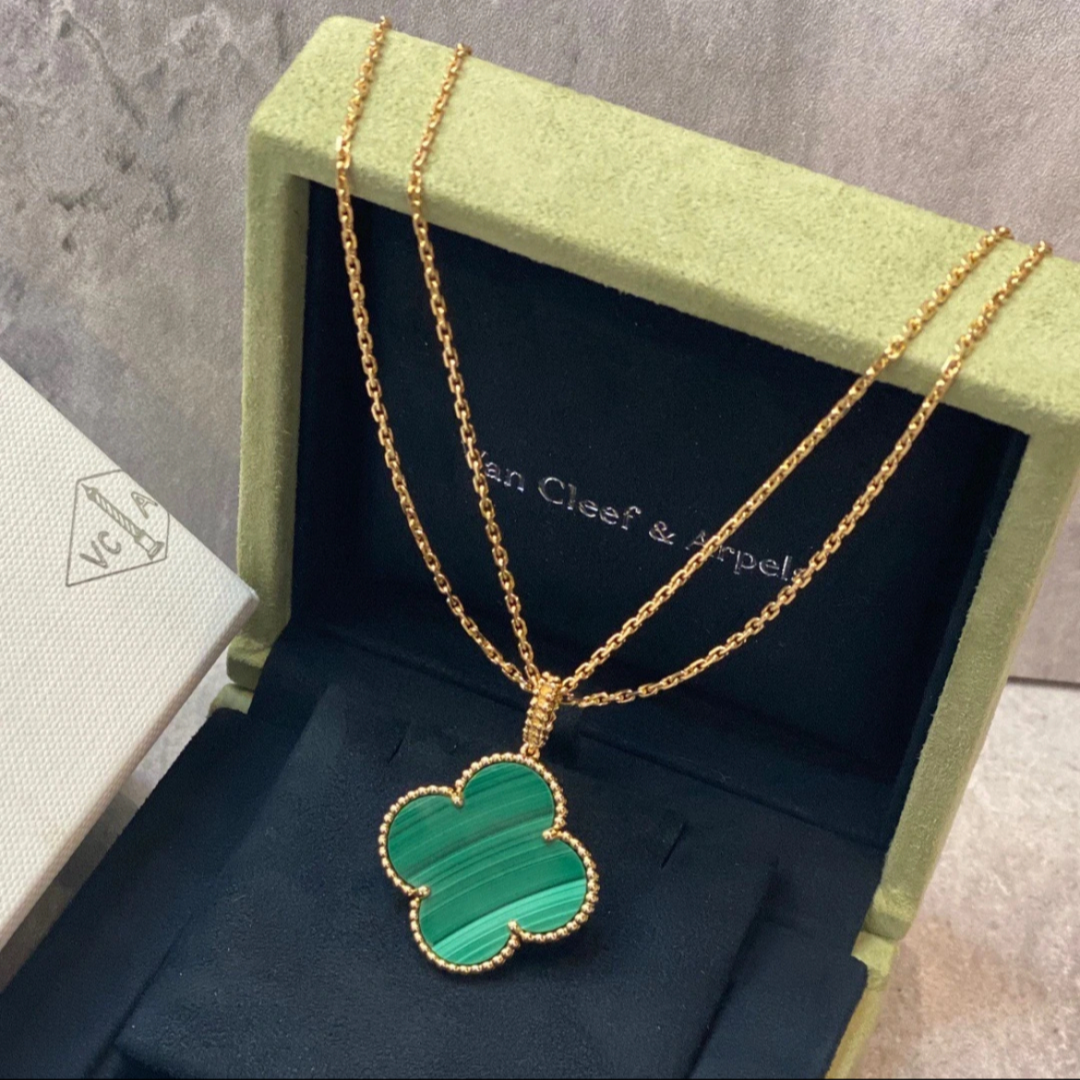 99新 梵克雅宝 蔚蓝/18K大号孔雀石四叶草项链/毛衣链 21年