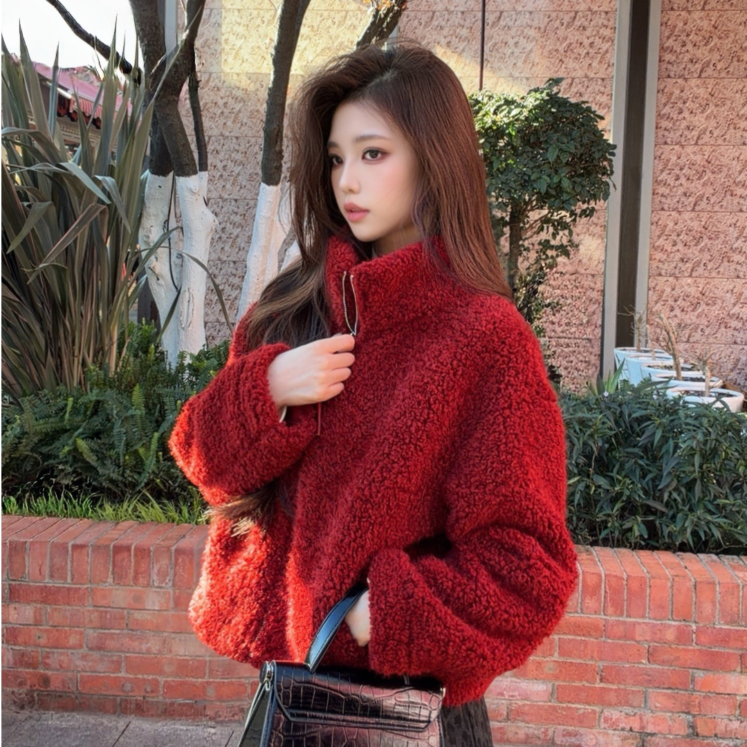 冬季新款时尚休闲简约风立领保暖时髦百搭毛绒带抽绳短外套Y-0003