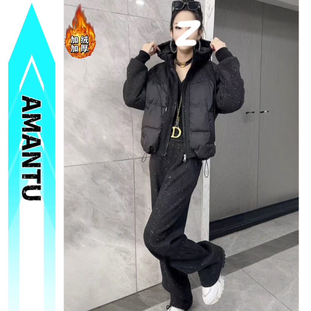 星空闪高级感加厚加绒保暖棉服韩系气质百搭立领连帽女款两件套9