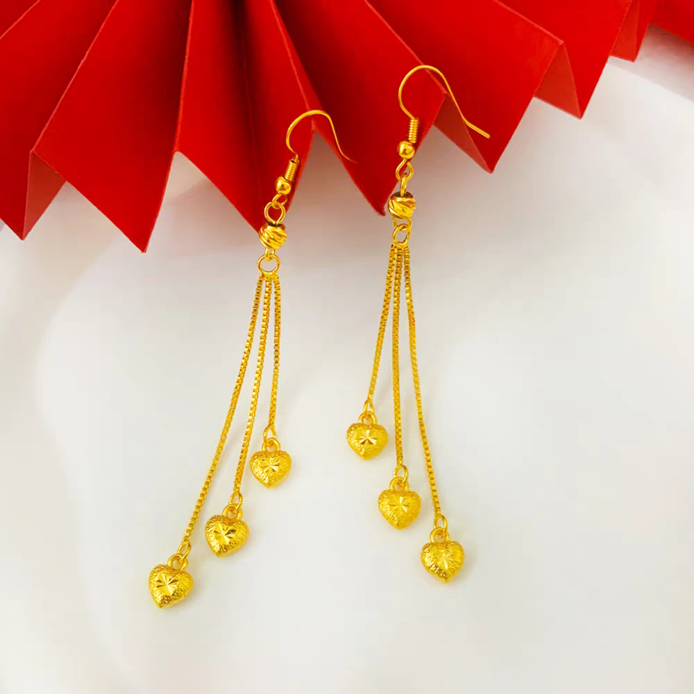 铜合金耳饰 爱心流苏耳钩女款长款磨砂气质金耳坠