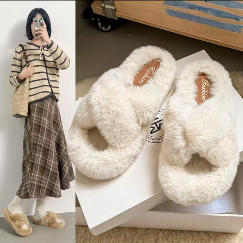 2025秋冬新款棉拖时尚896交叉百搭外穿休闲网红厚底保暖毛毛拖鞋