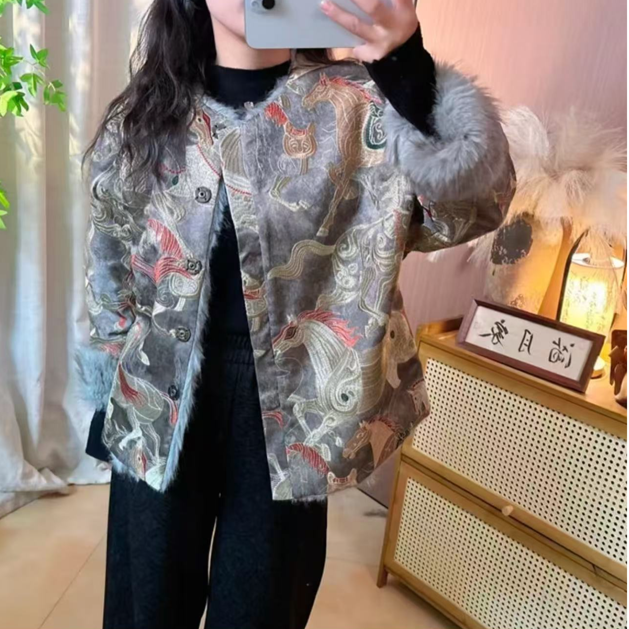 【金骏马】新中式重工刺绣兔毛皮毛一体双面穿外套99