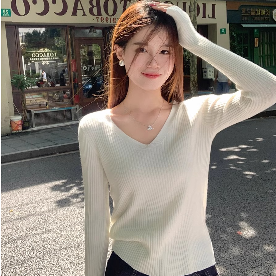 v领打底衫女2025新款春秋外穿白色内搭坑条打底毛衣显瘦长袖上衣