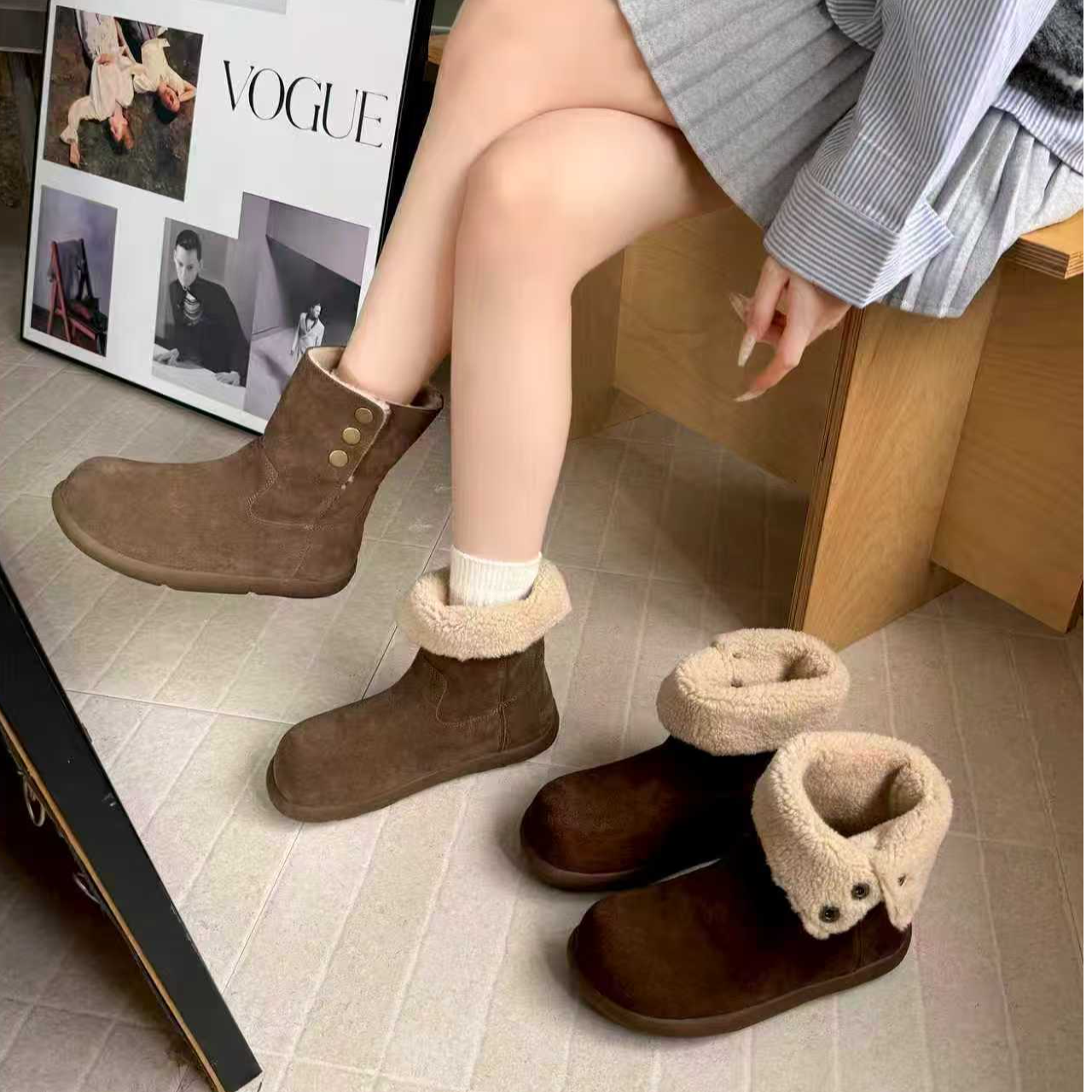 【炸街单品】冬爆款聚会时尚百搭保暖翻折两穿加绒女士勃肯短靴4121