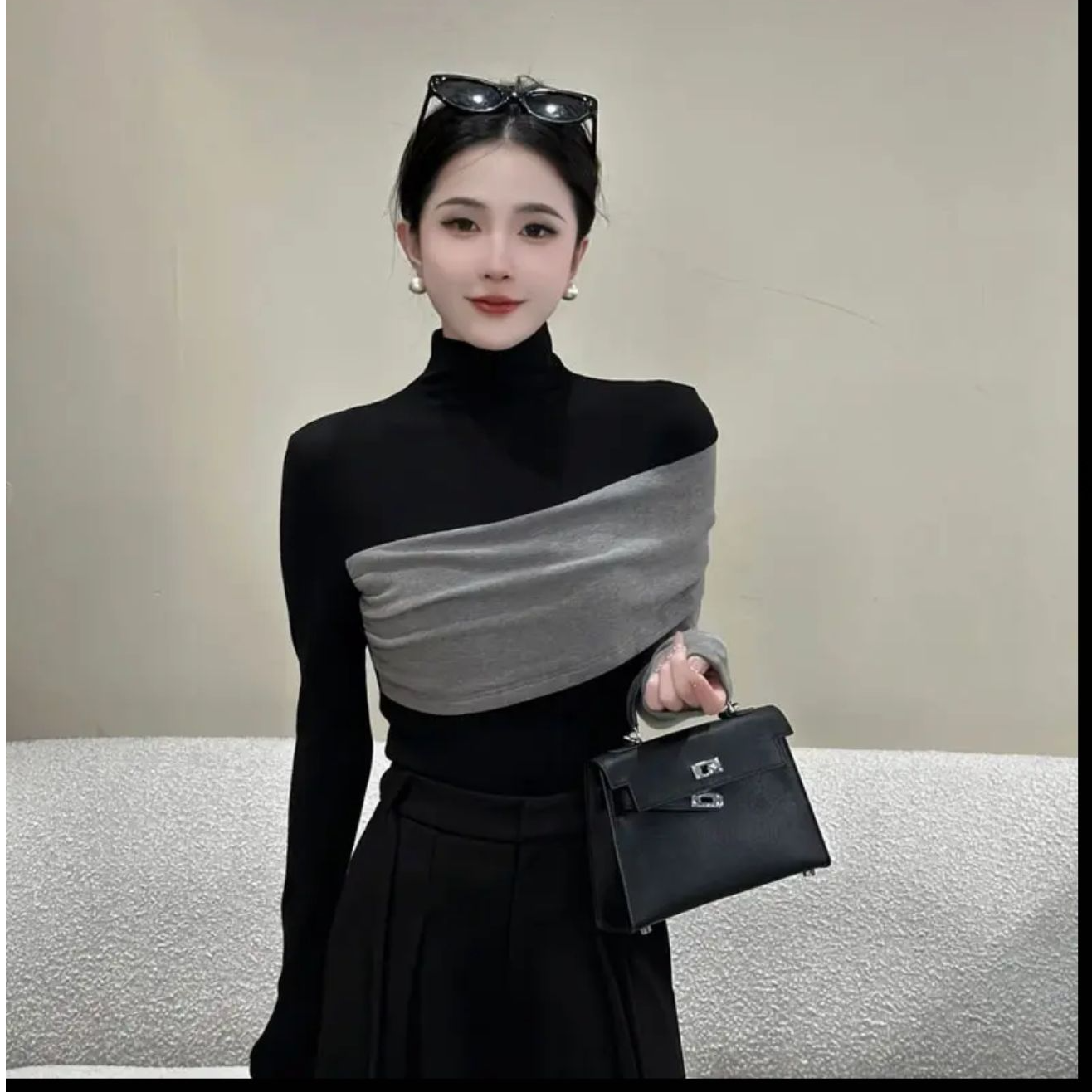 微胖大码秋季老钱风黑色长袖T恤半高领拼接打底衫修身显瘦女上衣