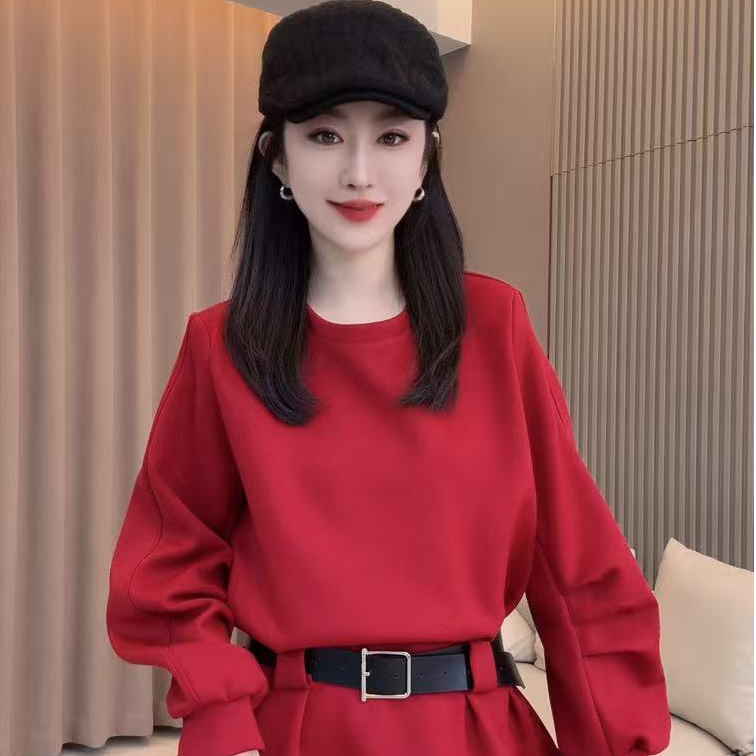 新年款圆领灯笼袖套头秋季休闲风连衣裙红色秋冬气质971（带腰带）