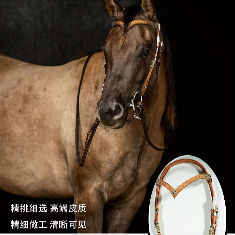 进口西部高端马术装备-简奢镶钻V型牛皮西部水勒野骑单水勒