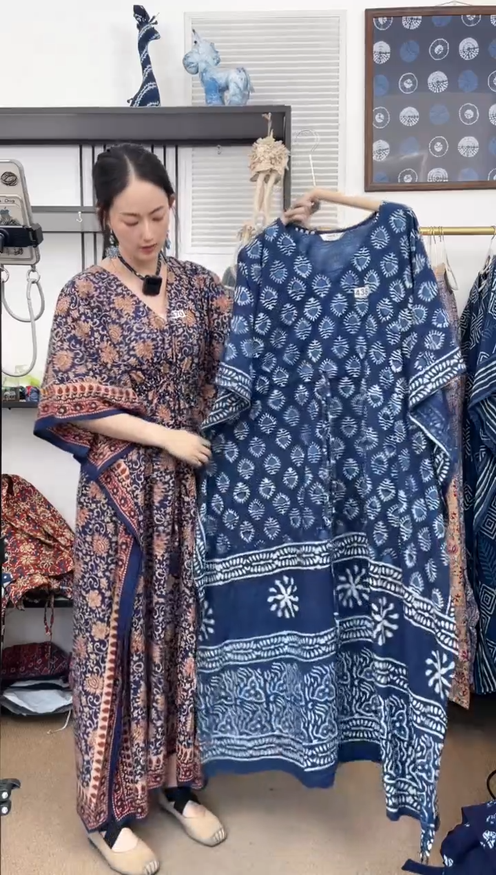 【闪购商品】438印度长绒棉拓印蓝色卡夫坦130cm