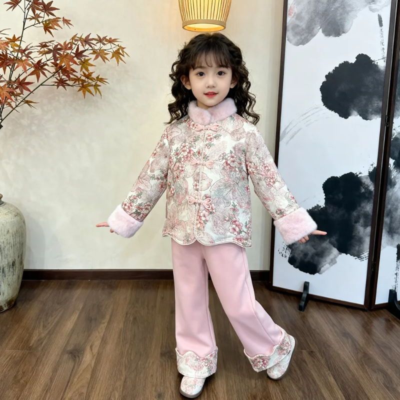 【冬季加绒】2025秋冬新款国风新中式女童上衣裤子套装中国风