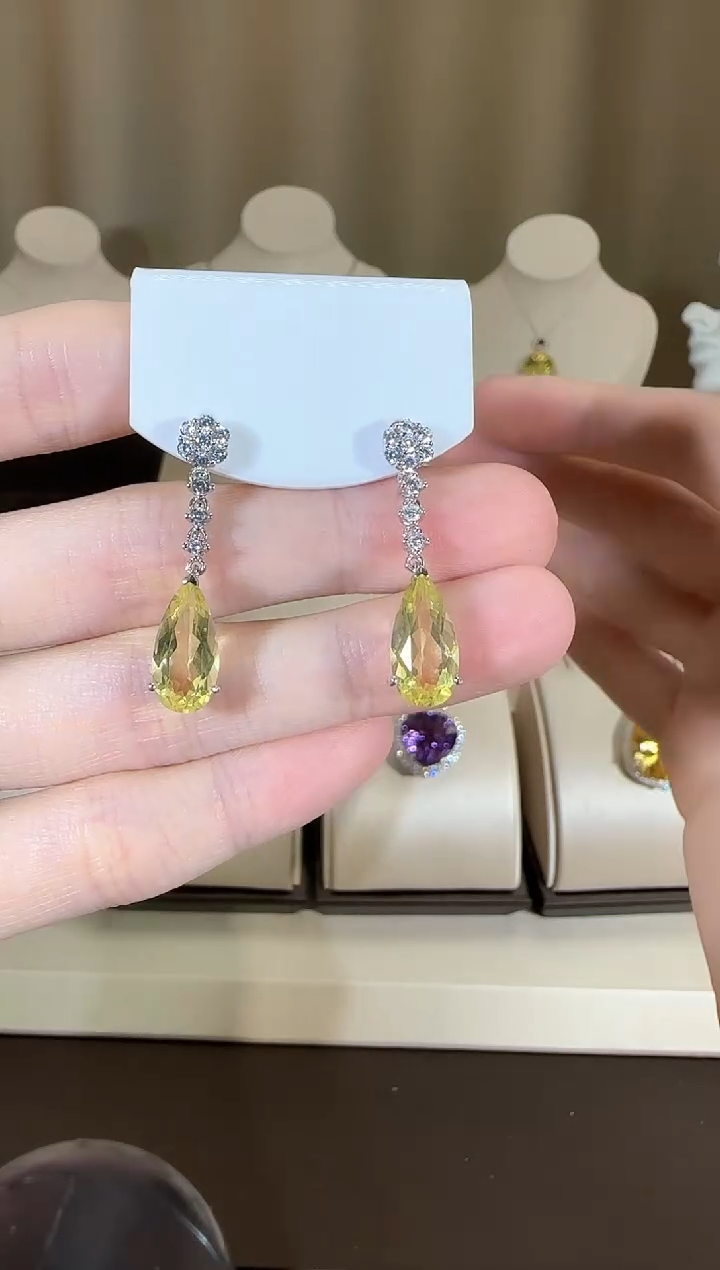 【闪购商品】水晶耳饰银S925镶嵌8*14mm柠檬晶