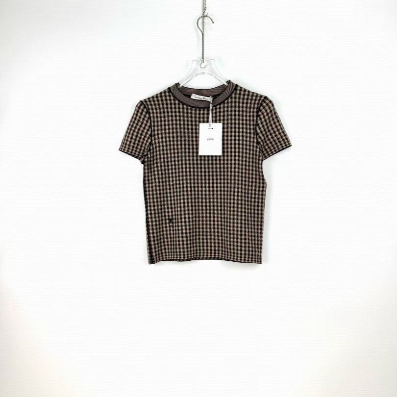 全新未使用 DIOR/迪奥 格纹针织短袖 棕黑/38