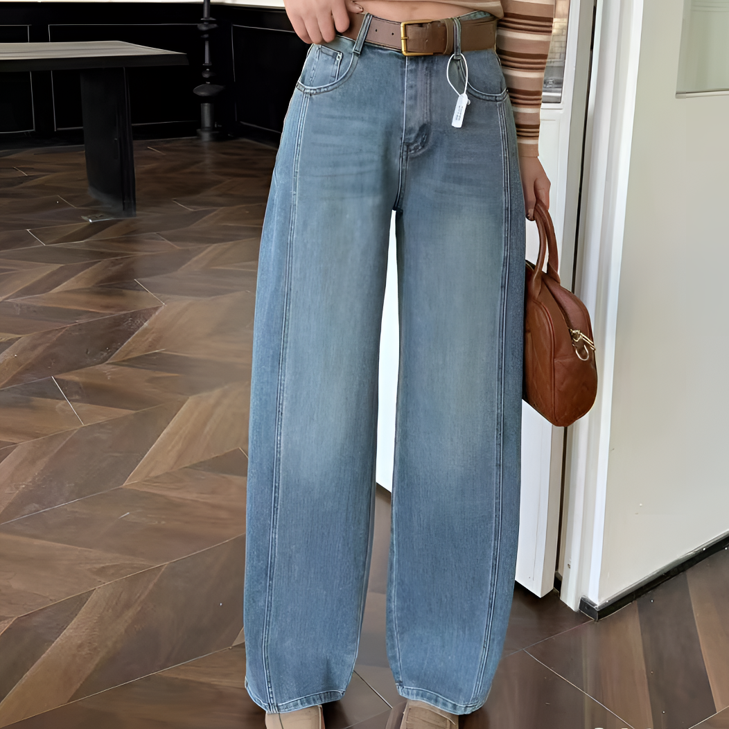 2003复古高腰弯刀阔腿牛仔裤女春季欧货直筒拖地长裤子