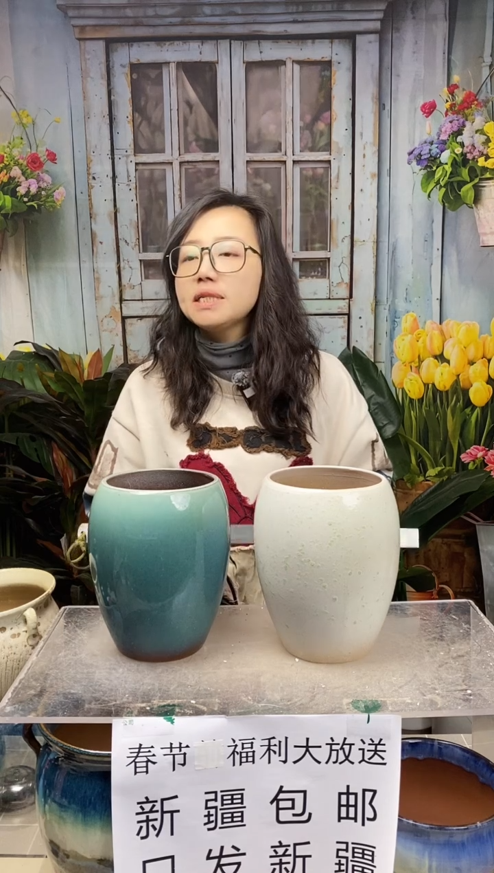 【闪购商品】红陶白蓝蛋形花盆两个装