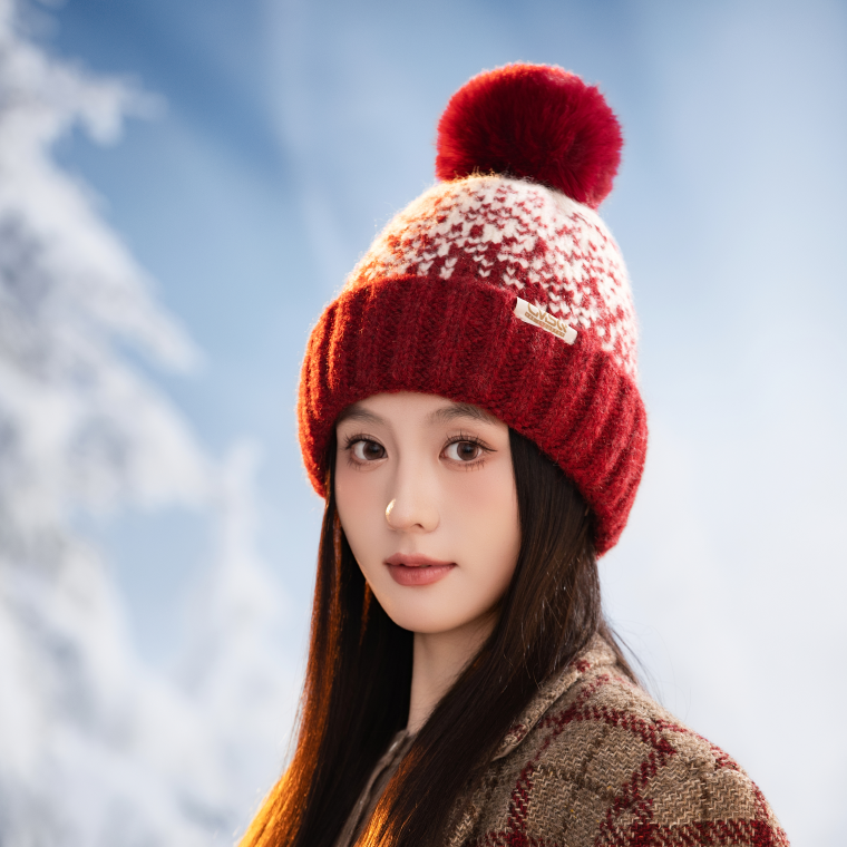 费尔岛毛球针织帽子女秋冬韩版加厚保暖护耳毛线帽骑车防寒雷锋帽